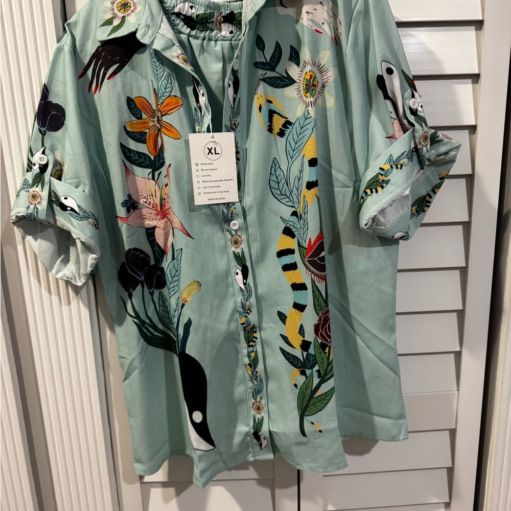 Floral and Animal Print Button-Up Shirt & Matching drawstring shorts